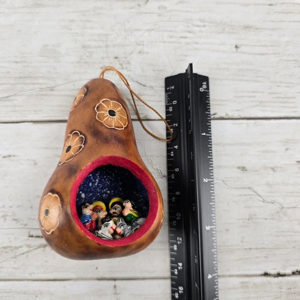 Vintage Peruvian Hand Carved Gourd Nativity Ornament Folk Art Miniature Scene